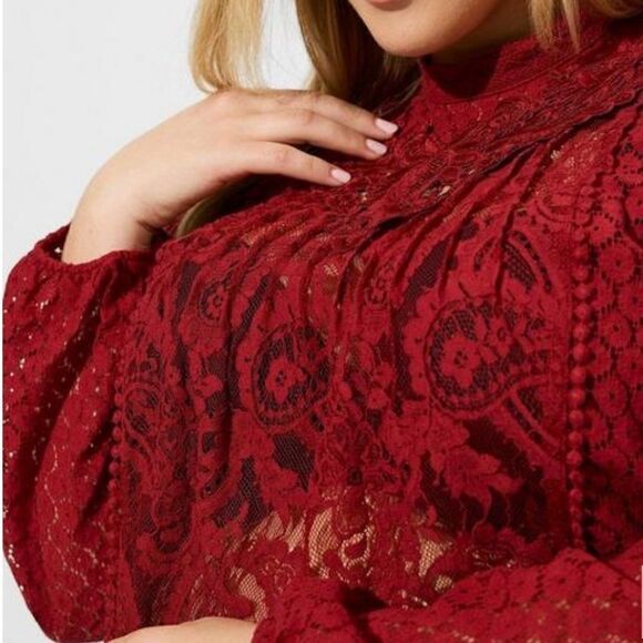 Torrid Red Lace Blouse, Long Sleeve, Puff Sleeves, Vintage inspired - Picture 3 of 16